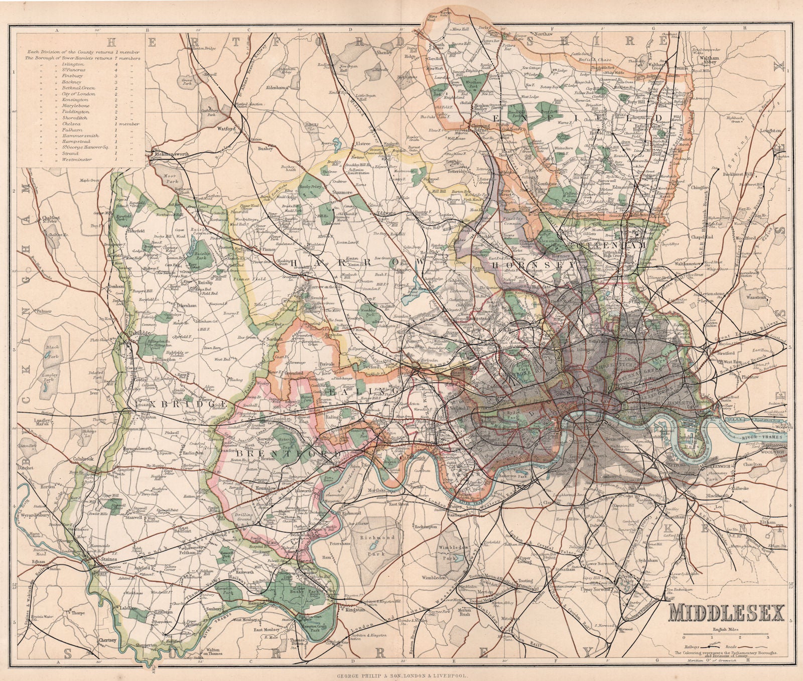 LONDON & MIDDLESEX. Divisions, Parliamentary boroughs & Railways.PHILIP 1902 map